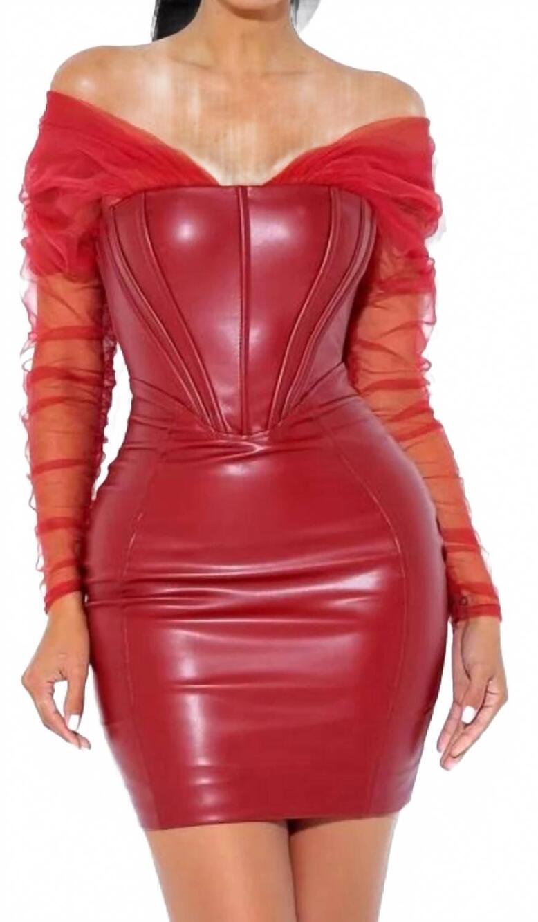 NEW MISS CIRCLE mesh sleeve leather corset dress in fancy burgundy